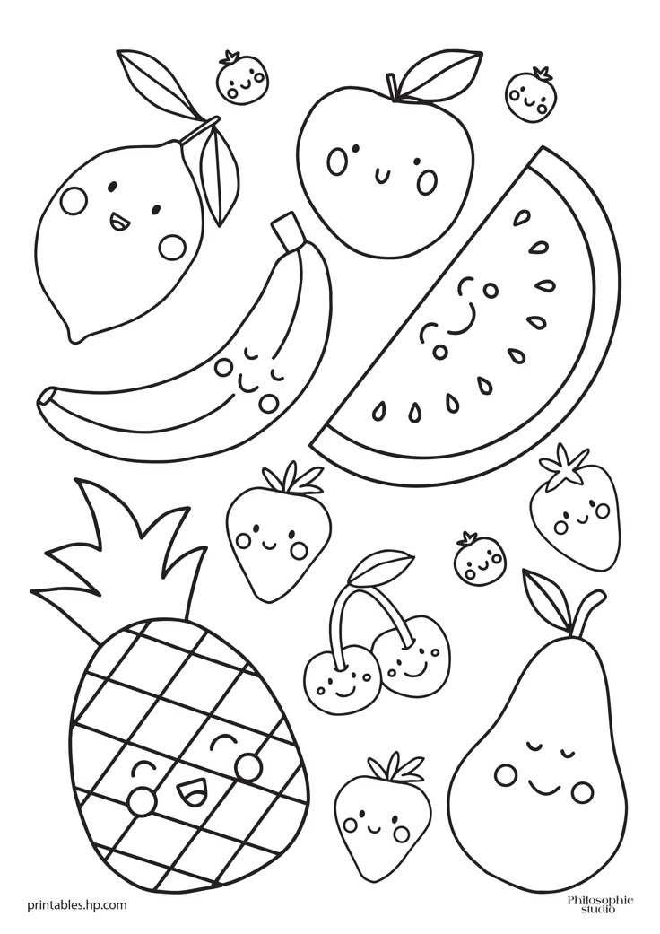 fruit coloring pages for kids to print out and color on the page, with different fruits