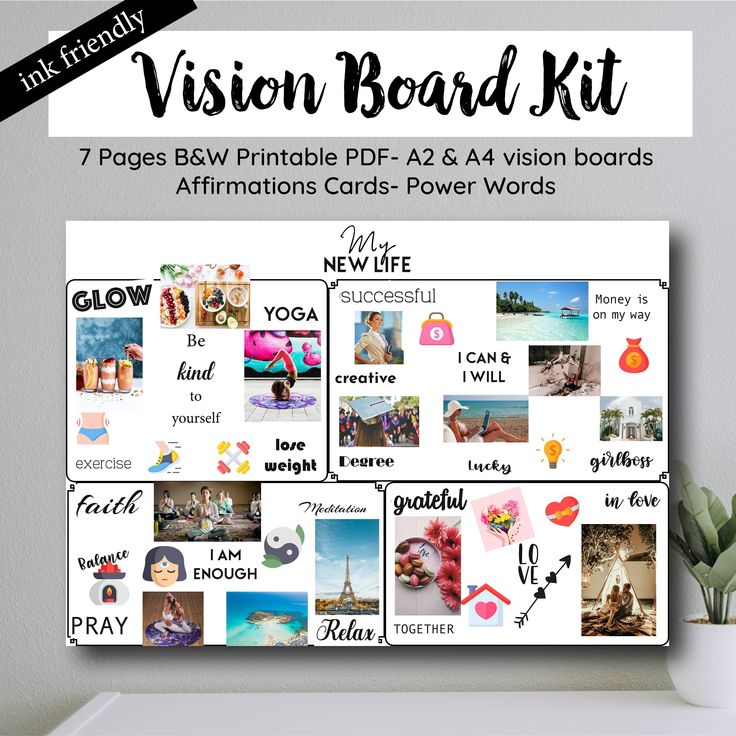 the vision board kit includes 7 pages, 8 printables, and 4 word words