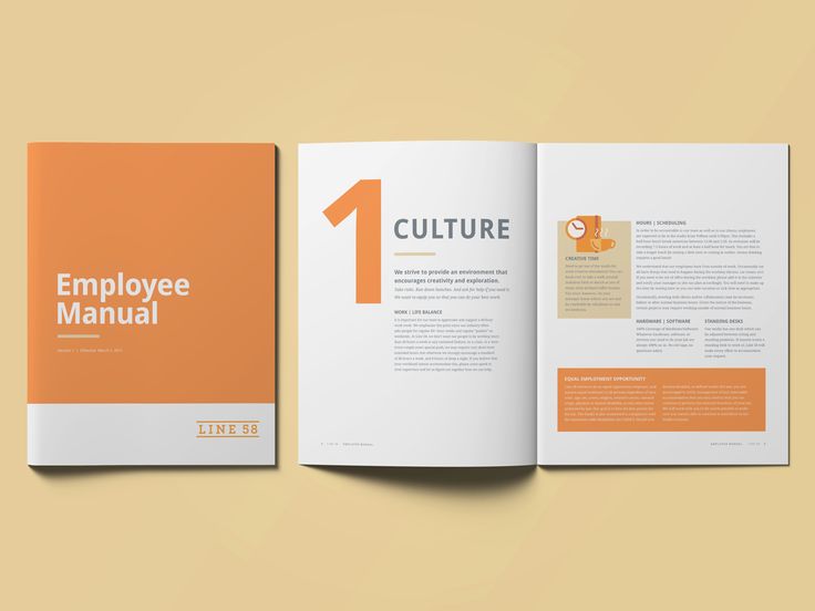 an orange and white brochure with the title'employee manual'on it