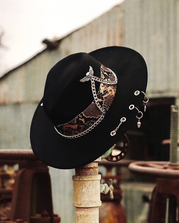 Cowboy Hats For Men Westerns, Fedora With Locs, Decorated Fedora Hats, Western Hat Designs, Hat Design Ideas, American Desert, Custom Cowboy Hats, Leather Cowboy Hats, Rock Hat