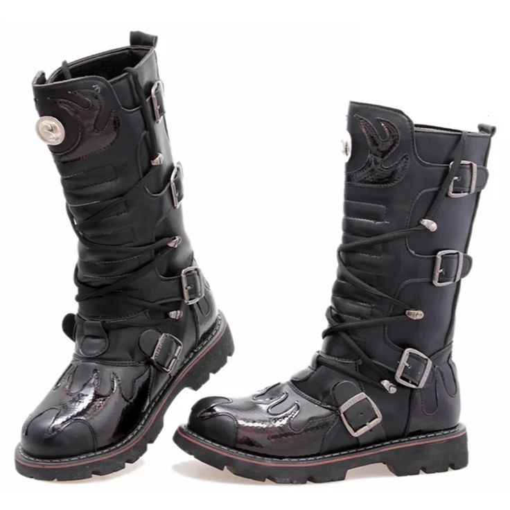 Gothic Punk Boots, Motorcycle Boots, Riding Boots, Knee-High Boots, Lace Up Boots. Genuine Leather Boots. Combat Boots, Biker Boots, Punk Boots, Gothic Boots. Black Men's Boots. Get ready to hit the road with these Funki Buys combat motorcycle boots! Made of real leather and designed with a round toe and low chunky heel, these boots are perfect for any season - from punk rock to winter wonderland. Plus, they're handcrafted for that extra touch of unique style. Don't forget to lace them up for th Black Lace-up Punk Moto Boots, Punk Style Steel Toe Combat Boots For Fall, Punk Leather Boots For Biker Events, Gothic Boots With Round Toe And Protective Metal Feet, Gothic Boots With Protective Metal Feet And Round Toe, Punk Style Leather Boots For Biker Events, Punk Leather Work Boots For Streetwear, Punk Moto Boots With Round Toe For Alternative Fashion, Fall High-top Moto Boots With Steel Toe