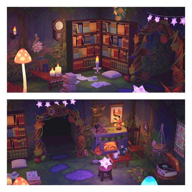 two pictures of the same room in animal crossing