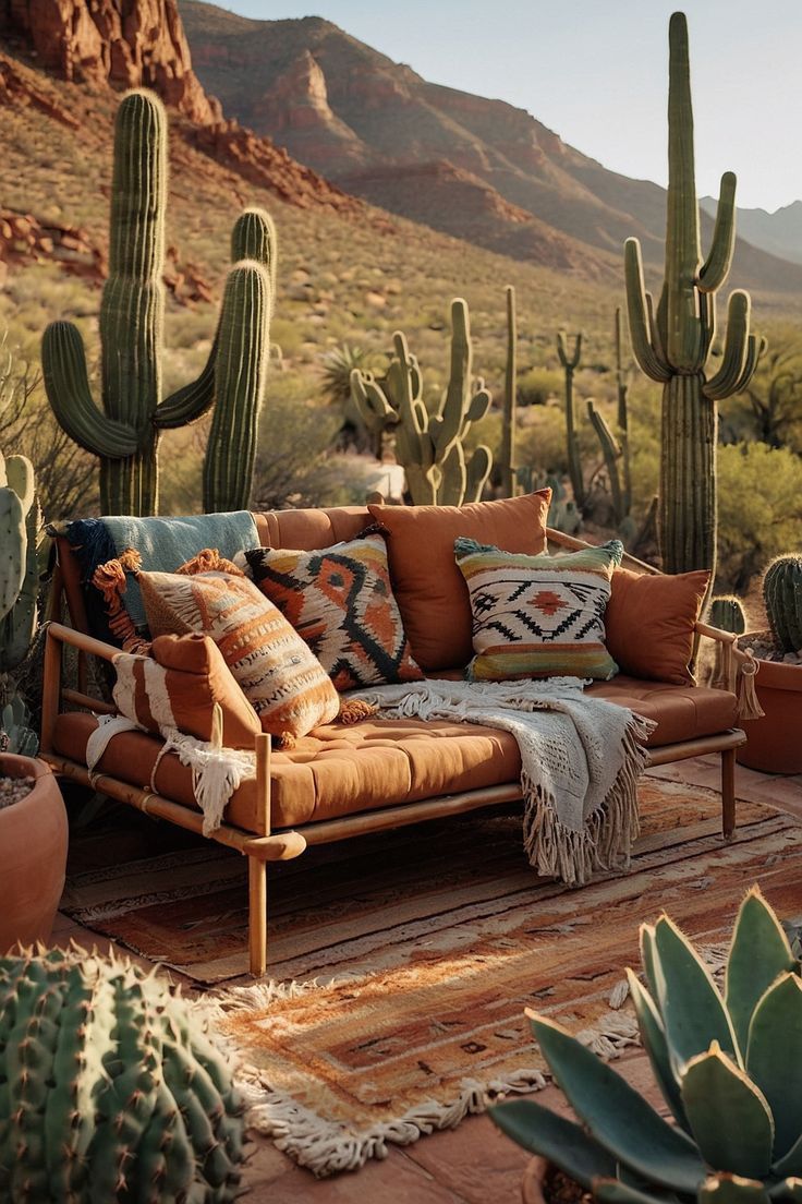 a couch sitting on top of a wooden floor next to cacti and cactus