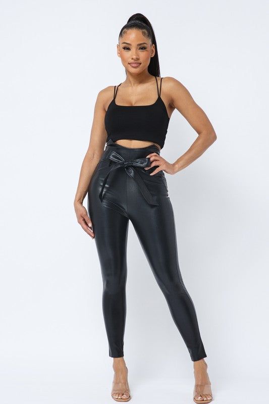 Women's Faux Leather Pants with Strap Belt 50% PU Leather 50% Polyester Trendy High Waist Faux Leather Bottoms, Trendy High-waisted Faux Leather Bottoms, High Waist Solid Faux Leather Pants, High-waisted Faux Leather Pants In Solid Color, High-waist Solid Faux Leather Pants, High-waisted Faux Leather Pants, Trendy High Waist Faux Leather Pants, Solid High-waisted Faux Leather Pants, Solid Faux Leather High-waisted Pants