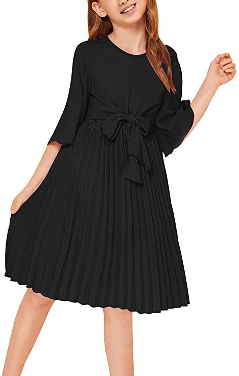 Amazon.com: GORLYA Girl's Bell Sleeve Front Bow Tie Casual Elegant Fit and Flare Chiffon Pleated Dress for 4-14T Kids: Clothing, Shoes & Jewelry Teenage Dress, Casual Elegant Style, Girls Formal Dresses, Casual Tie, Dress Cuts, Hem Dress, Pleated Dress, Special Occasion Dresses, Bell Sleeve