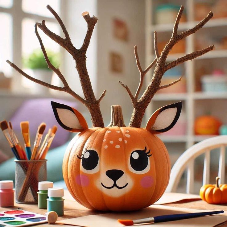 a pumpkin decorated like a deer with antlers on it's head sitting on a table