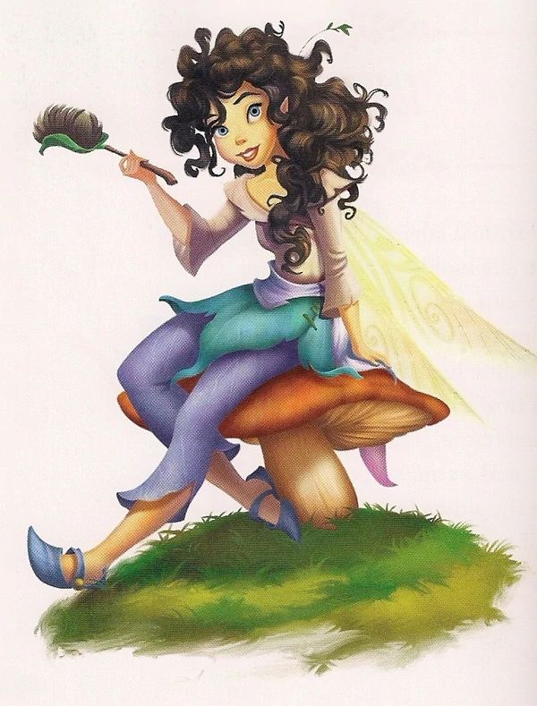 a fairy sitting on top of a mushroom while holding a green brush in her hand