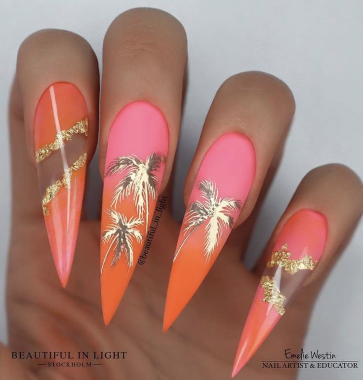 Palm Tree Nails, Beach Nail Designs, Tropical Nails, Tree Nails, Stiletto Nails Designs, Dope Nail Designs, Vacation Nails, Glam Nails, Beach Nails