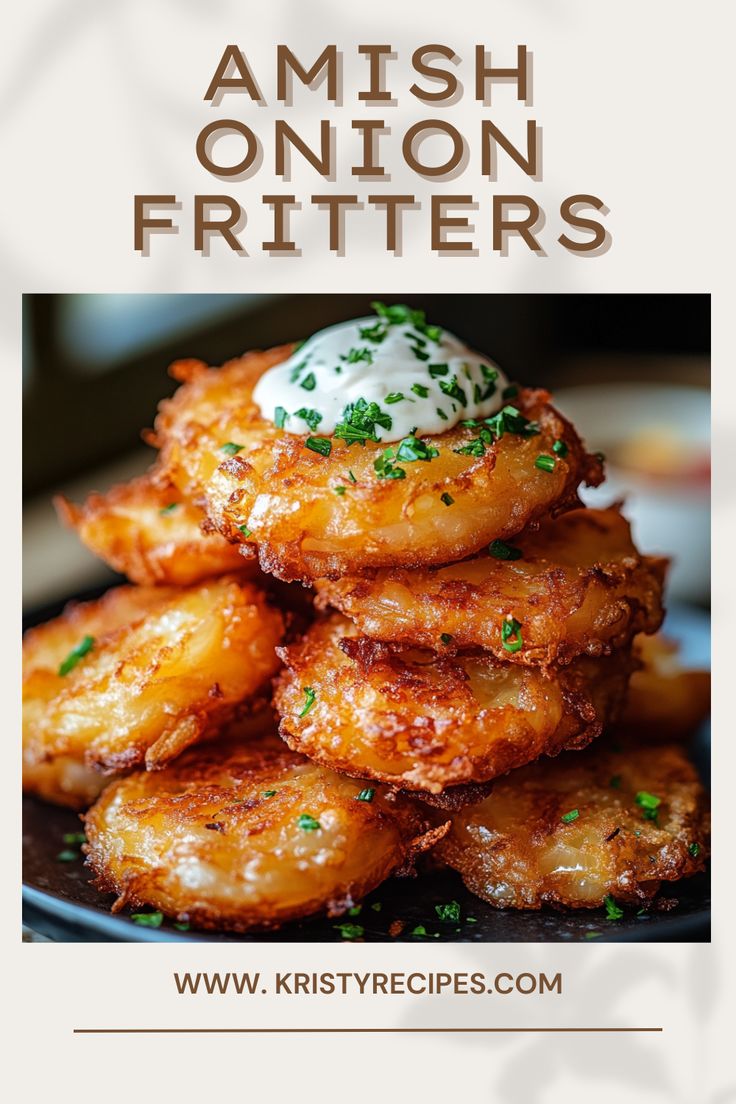 some fried food is stacked on top of each other and the words, amish onion fritters