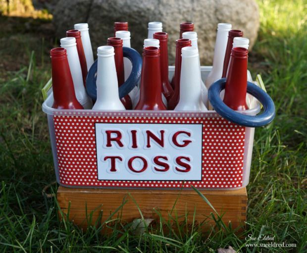 a red and white container filled with lots of bottles