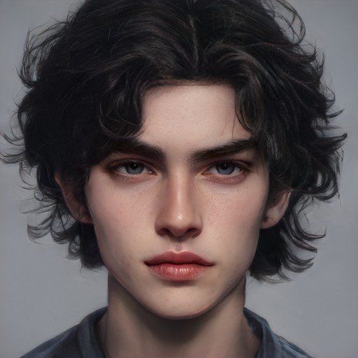 a close up of a young man with curly hair wearing a brown t - shirt