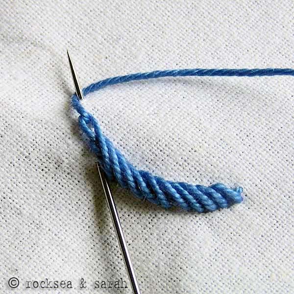 a pair of scissors is hooked up to a piece of blue yarn on a white surface