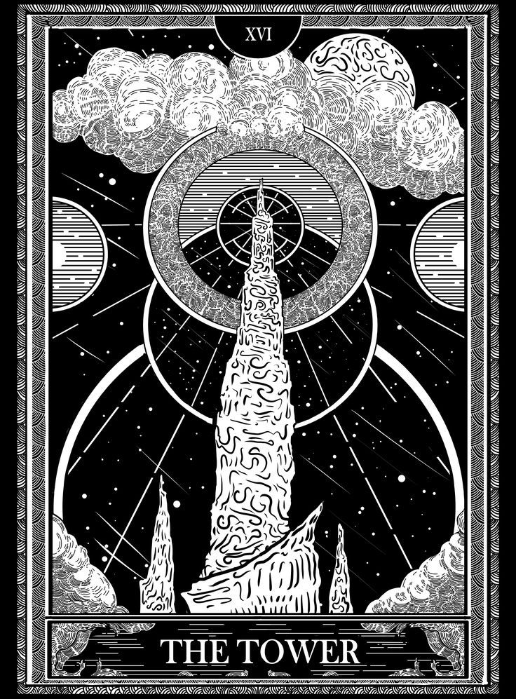 the tower tarot card with clouds and stars above it