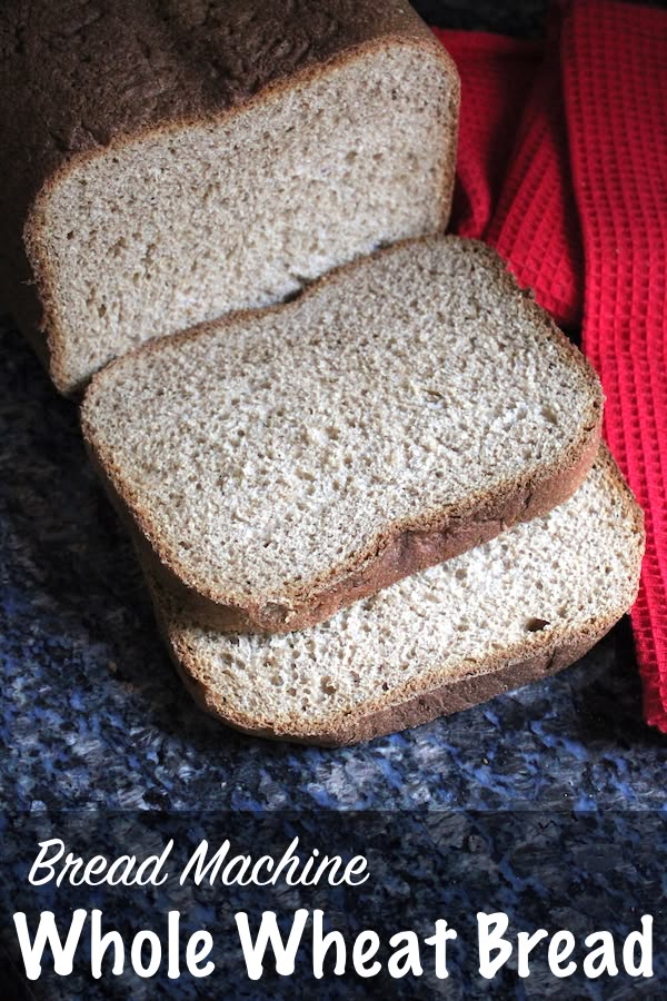 bread machine whole wheat bread is sitting next to a red knitted dish cloth and the words, bread machine whole wheat bread