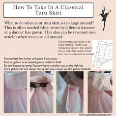 the instructions for how to take in a classical tutu skirt with pictures and text