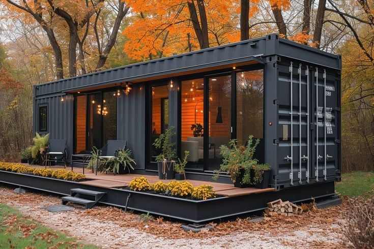 a black shipping container is sitting in the middle of a park with trees and foliage