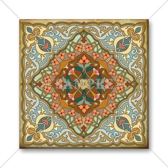 an ornate ornamental design in brown, blue and green colors on a white wallpaper