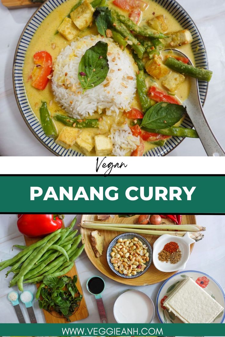 a plate filled with rice and vegetables next to other foods on a table, along with the title vegan panang curry