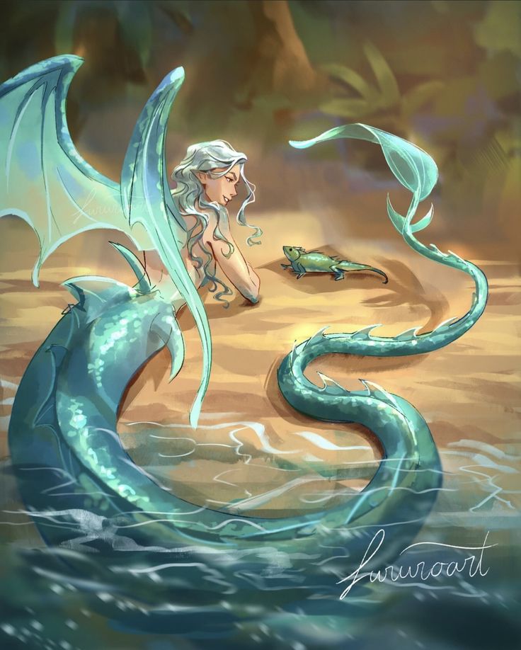 a mermaid sitting on top of a blue dragon next to a green sea creature in the ocean