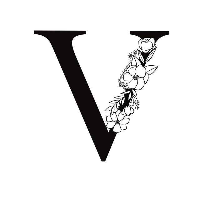 the letter v has flowers on it and is in black and white, with an upper capital