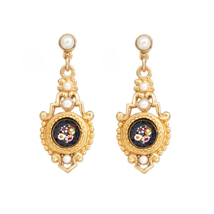 Ben-Amun gold-plated mosaic pearl drop earrings Gold Dangle Earrings With Cabochon, Gold Cabochon Drop Earrings, Luxury Ornate Earrings With Historical Design, Elegant Enamel Earrings With Artistic Design, Gold Cabochon Dangle Earrings, Tudor Earrings, Gold Victorian Cabochon Earrings, Ben Amun Earrings, Luxury Ornate Gemstone Earrings