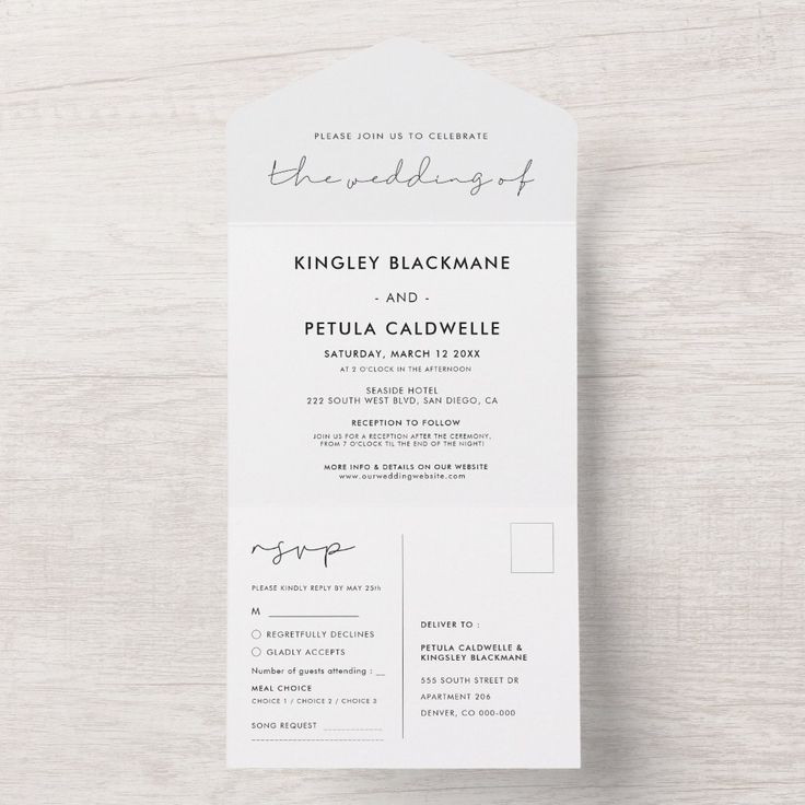 the wedding program is displayed on top of a white card with black ink and calligraphy