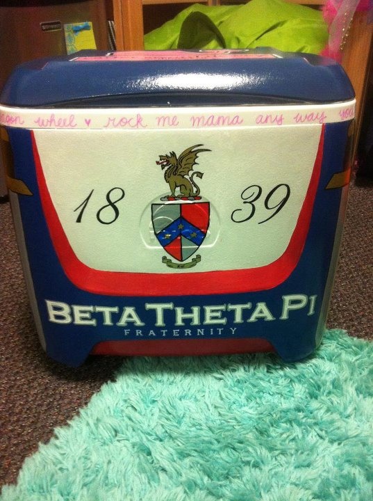 a blue and red cooler sitting on top of a green rug