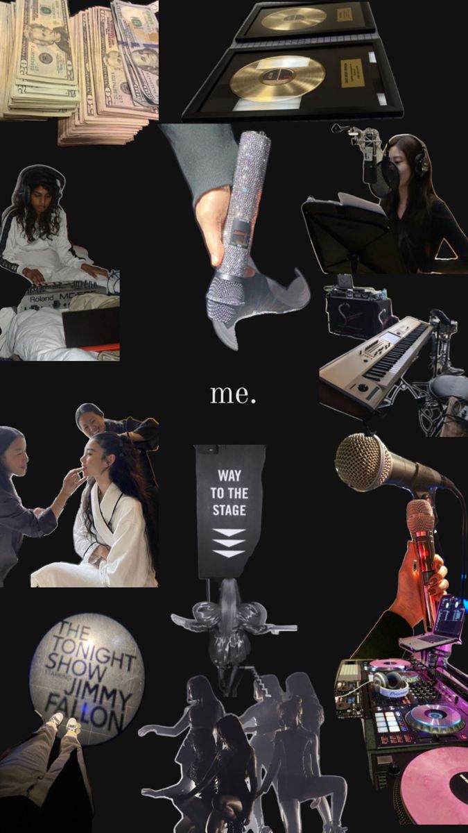 the collage shows many different types of musical instruments and sound equipment, including microphones