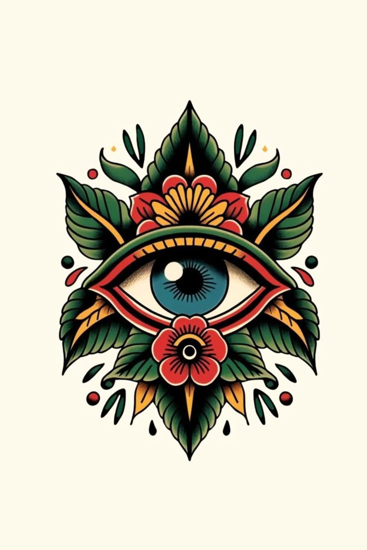 an all seeing eye surrounded by leaves and flowers