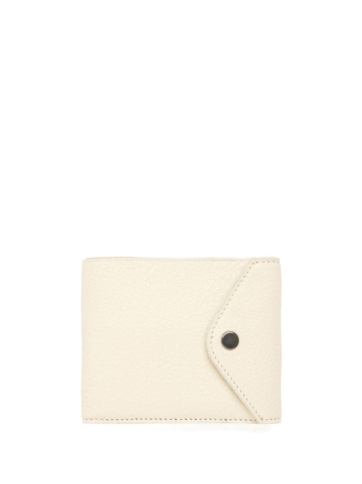 cream white leather bi-fold design foldover top with press-stud fastening internal card slots debossed internal logo Modern White Wallet With Rfid Blocking, Classic Everyday Cream Wallet, Cream Leather Wallets For Everyday Use, Cream Bifold Wallet For Everyday Use, Everyday White Leather Wallet, White Bifold Wallet With Rfid Blocking, Classic Bifold Cream Wallet, White Leather Wallet, White Bifold Wallet For Everyday Use