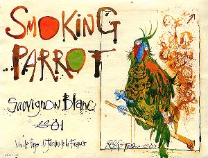 Smoking Parrot Sauvignon Blanc.  Do you get the arcane reference?  We didn't either.  If you did, you're a real wine expert.  Here it is:  Another name for a parrot is Polly. And a French word for smoke is Fume.  So Polly Fume. Indicating this wine would make a substitute for the more expensive Pouilly Fume, those famous Loire wines made from Sauvignon Blanc.  It didn't get that great of reviews and we couldn't find it being sold anywhere. Creative Wine Label, Wine Puns, Wine Names, Wine And Food Festival, Wine Expert, Wine Delivery, Cheap Wine, Funny Names, Wine Art