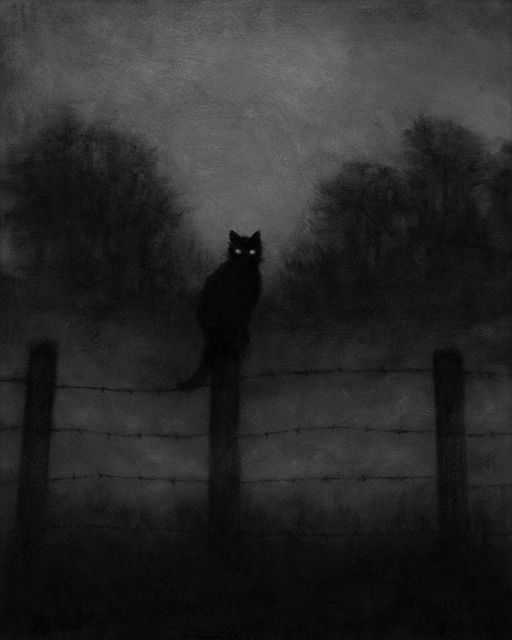 a black cat sitting on top of a fence in front of some trees and fog