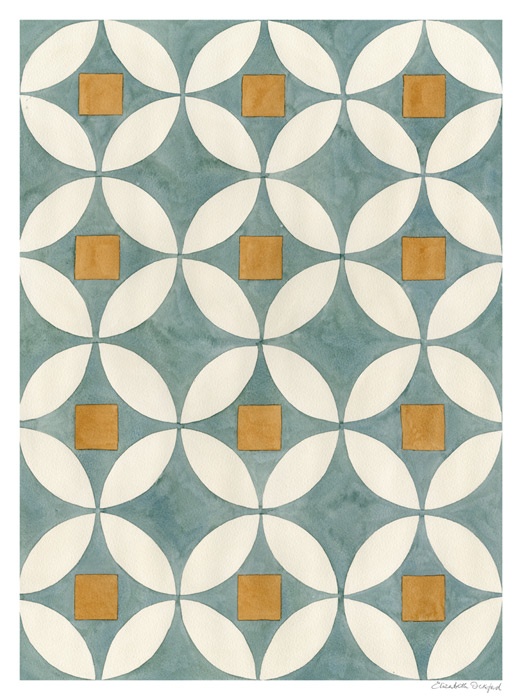 an artistic tile design with circles and squares in blue, white, yellow and brown