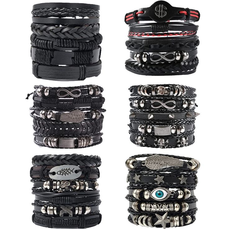 PRICES MAY VARY. Punk Leather Bracelets--6 Pack black leather bracelets one set, different handmade woven leather bracelets for men, women, you can wear it together or separately, you can also share it with your friends and family. Gothic skull bracelet, guitar bracelet, Music note bracelet, five-pointed star bracelet, multiple choice for you. Adjustable Bracelets--7-9.5 inch adjustable length, suitable for both men and women. flexible rope knot, easy to put on and take off. Trendy and classic l Vintage Black Bracelet For Festival, Adjustable Black Punk Wristband, Gothic Adjustable Leather Bracelet, Casual Black Wristband For Festival, Black Leather Punk Wristband, Black Leather Wristband For Festival, Vintage Black Leather Bracelet, Vintage Black Leather Bracelet As Gift, Vintage Black Leather Bracelet For Gift