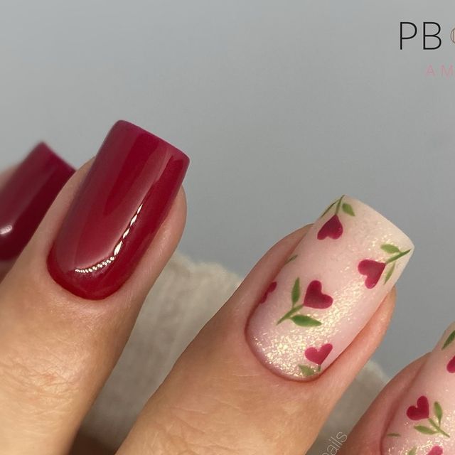 Nails Ideas Valentines, Painted Valentines Nails, Pink And Red Nail Designs Valentines Day, Gel Polish Heart Design, Simple Rose Nail Art, Valentine’s Nails, Nails With Roses Design, Nail Designs 2024, Cute Red Nail Ideas