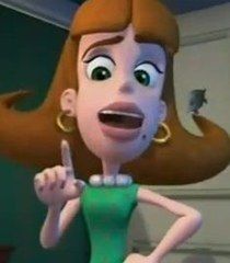 the animated character is pointing at something in her hand and making a funny face with her finger