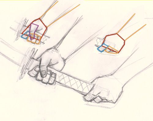 a drawing of two hands holding something in one hand and an object in the other