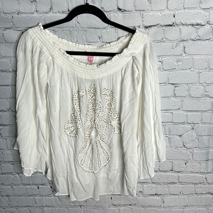 Lilly Pulitzer Cream Blouse With Gold Beading Spring White Sequin Blouse, Embellished Long Sleeve Summer Tops, White Sequined Blouse For Spring, Summer White Beaded Top, Spring Bohemian Sequin Top, Embellished Long Sleeve Summer Blouse, Spring Fitted Beaded Blouse, Bohemian Sequin Top For Spring, White Embellished Long Sleeve Blouse