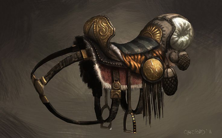 a drawing of a horse saddle made out of metal and leather with feathers on it