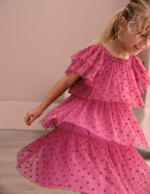 Tiered Tulle Dress - Strawberry Pink Hearts | Boden US Sweet Red Short Sleeve Dress, Kids Tulle Dress, Tiered Tulle Dress, Childrens Valentines, Boden Kids, Tulle Party Dress, Girl Dress Pattern, Strawberry Pink, Boden Dress