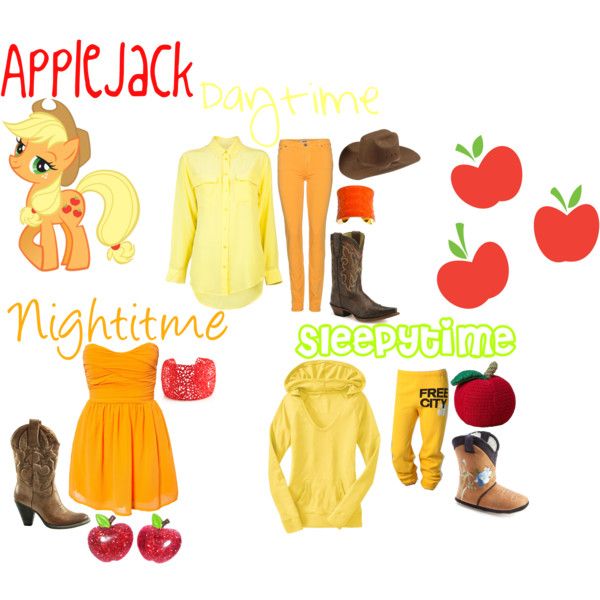 an applejack costume is shown with other items including boots, sweaters and leggings