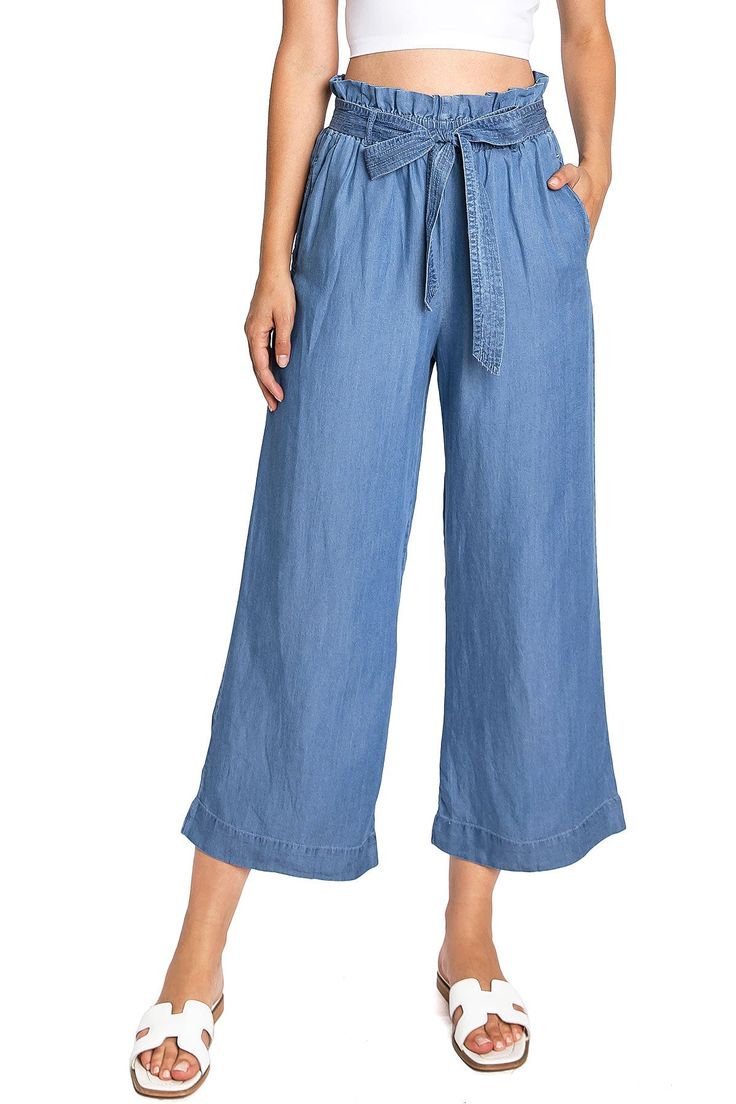 High waist?chambray culottes?with a paperbag waist, with a self-tie belt. Pleating at the top with pockets to the sides. CARE | Machine Wash ColdCONTENTS | 100% Tencel MEASUREMENTS | 36"/91 cm Top to Bottom 24"/61 cm Inseam 12"/30 cm Rise (Size Small) MODEL | 5'8 - wearing a size SmallIMPORTED Casual Wide-leg Pants With Belted Cuffs, Versatile High Waist Belted Bottoms, Elegant Spring Bottoms With Tie Waist, Relaxed Fit Bottoms With Tie Waist For Spring, Spring Wide Leg Ankle-length Pants With Tie Waist, Versatile Belted Bottoms For Spring, Relaxed Fit Wide Leg Pants With Tie Waist, Spring Wide-leg Belted Bottoms, Chic Belted Relaxed Fit Pants