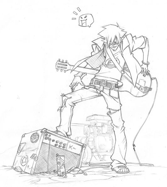 a pencil drawing of a man playing the guitar on top of a suitcase with an amp