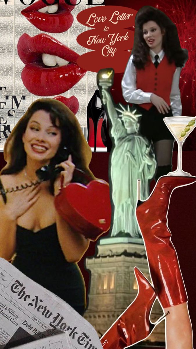 the collage has red lipstick, newspaper, and lady in high heels on it