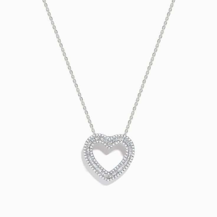 Effy Classique 14K White Gold Diamond Heart Pendant Classic Double Heart White Gold Jewelry, Elegant Heart Detail Jewelry For Anniversary, Timeless Heart-shaped Necklace For Valentine's Day, Elegant Double Heart Jewelry With Heart Detail, Elegant White Gold Heart Charm Necklace, Timeless Heart Necklace For Anniversary, Elegant Double Heart Beads Necklace, Elegant Heart Detail Necklace For Anniversary, Formal Double Heart Necklace With Brilliant Cut