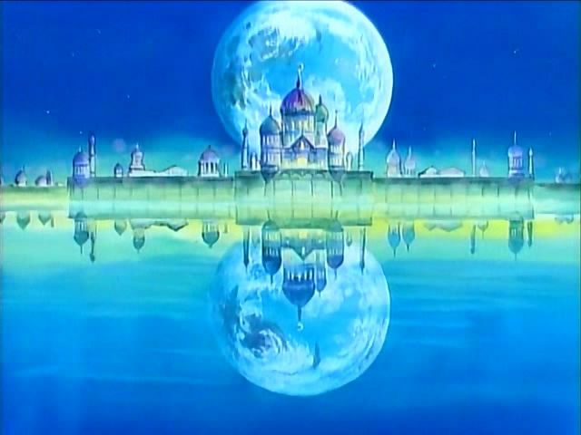 an image of a full moon over the water with buildings on it and a castle in the background