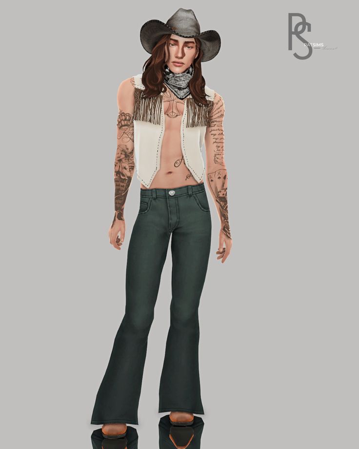 a woman with tattoos wearing green pants and a cowboy hat is standing in front of a gray background