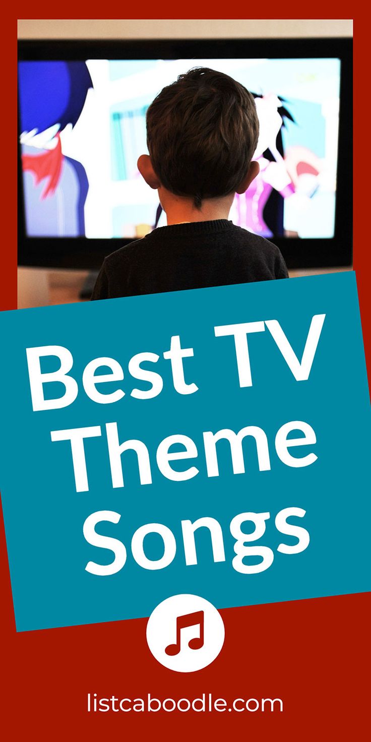 a young boy sitting in front of a television with the words best tv theme songs