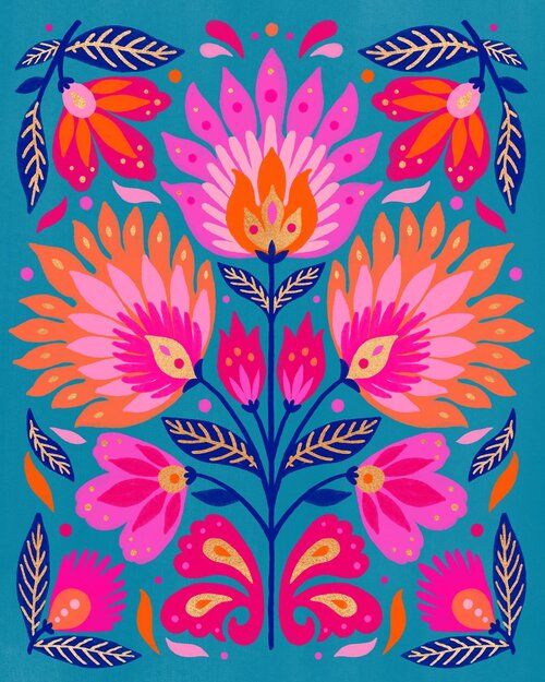 an image of a colorful floral design on a blue background with pink and orange flowers