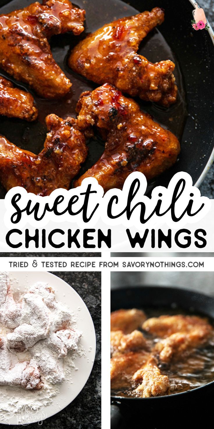 sweet chili chicken wings in a skillet with powdered sugar on the side and another photo showing how to cook them